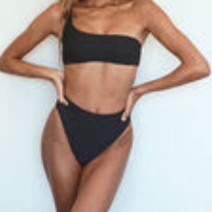 Black bathing suit with high waisted bottoms
